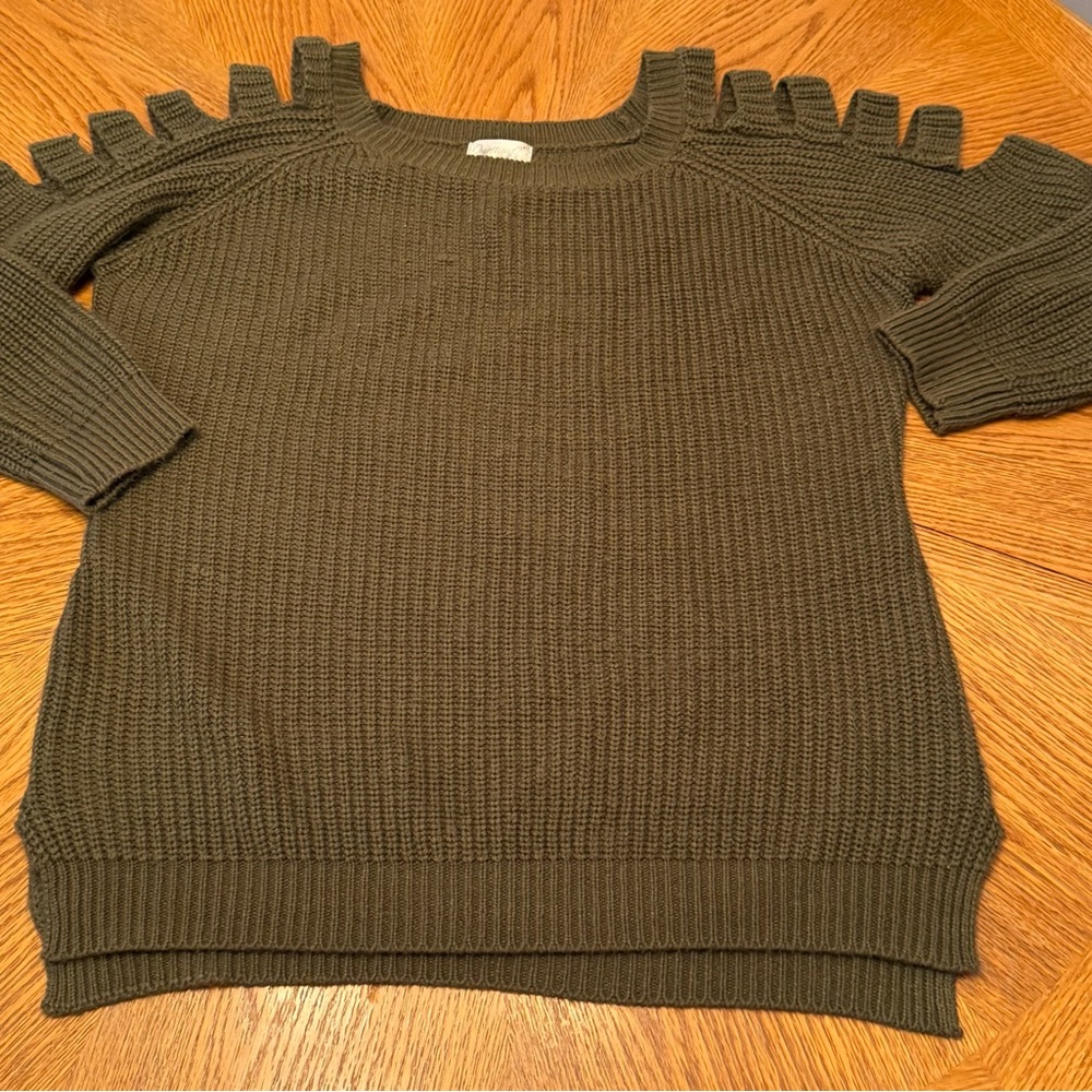 Questions Plus Size Khaki Green Cold Shoulder Sweater Unique Detail & slit sides